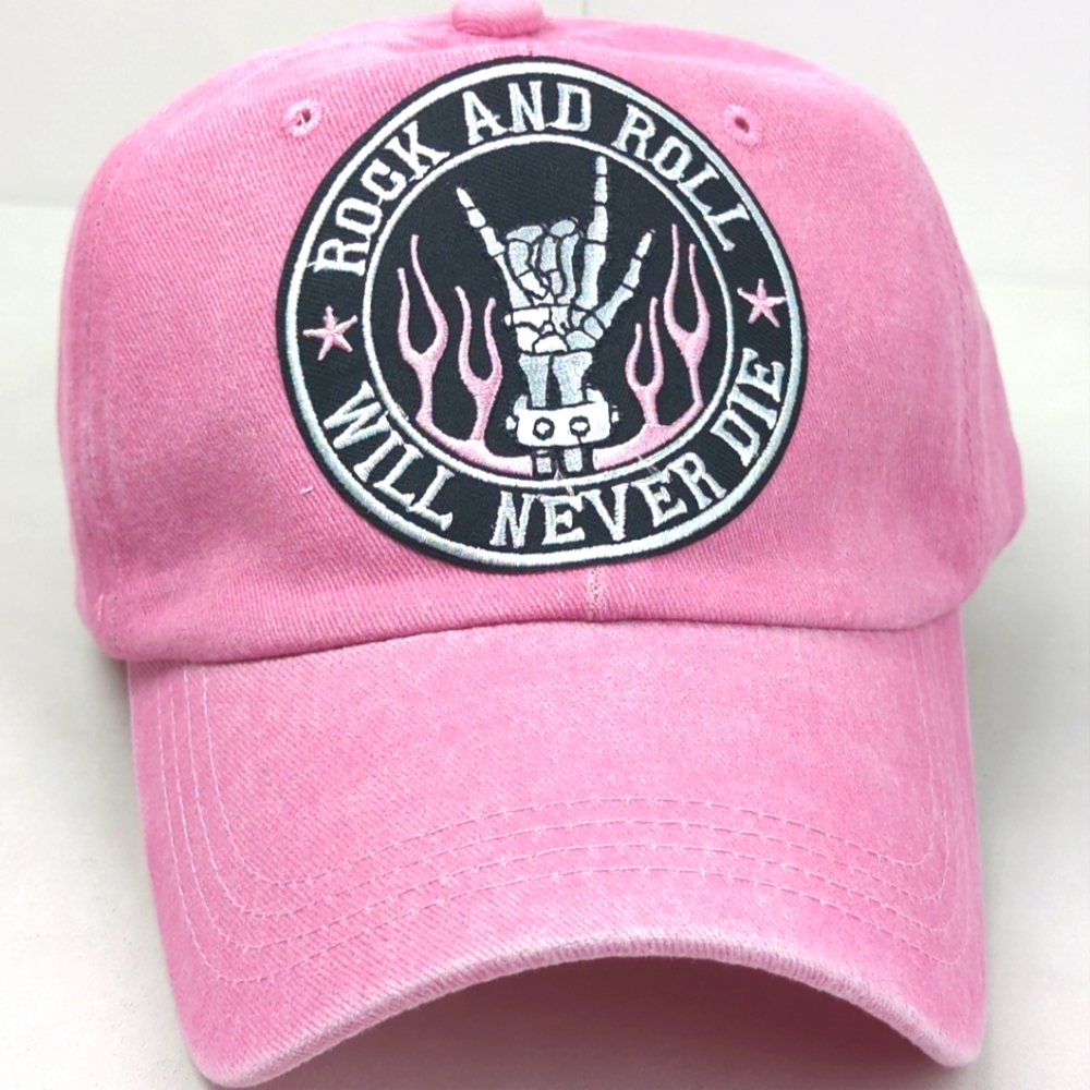 ROCK AND ROLL WILL NEVER DIE Patch on PINK 100% Cotton Pre-Faded Baseball Cap OS